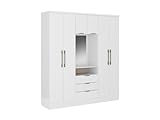 Vente-unique-Armario 6 Puertas y 3 cajones - con Espejo - 180 cm de Ancho - Color: Blanco - ELORIO