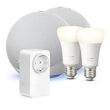 Kit de hogar inteligente: 2x Echo (4.ª generación, Blanco) + 2x Philips Hue (Bombilla Inteligente) + 1x Amazon Smart Plug (enchufe inteligente wifi)