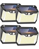4 Paquete Luces Solares LED Exterior Auto ON&OFF, 3 Modos Luz Solar Exterior con Sensor de Movimiento IP67 Impermeable Lampara LED Solar para Jardin, Patio, Luz Blanca Fría