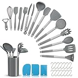 Utensilios de Cocina de Silicona, 32 Piezas Juego Utensilios de Cocina Antiadherente Resistente al Calor, Menaje de Cocina con Mango de Acero Inoxidable, sin BPA, Espátula Silicona, Gris