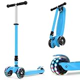 IMMEK Patinete Niño Plegable 3 Ruedas Scooter para 3 a 14 Años de Niño y Niña Juguetes y Regalos, Ajustable Altura con Tres Luz LED Luces Iluminadas Rueda Monopatin Carga Máxima 50 KG (Azul)