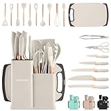 JUPPLIES Juego de Utensilios de Cocina de Silicona 19 Piezas con Cuchillos, Tijeras y Tabla de Cortar – Set Antiadherente Resistente al Calor – Apto para Todas Las Ollas y Sartenes - Beige