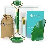 Rodillo de Jade Verde, Gua Sha y Pincel - Set de Masaje Facial en Piedra 100% Natural - Masajeador Anti Arrugas, Reducción de Ojeras, Desinflama, Intensifica Tratamientos de Belleza para el Rostro