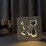 LFK Lámpara de mesa decorativa de madera con forma de corazón con forma de gato en 3D, con USB, LED, luz nocturna, dormitorio, habitación de los niños, cumpleaños, 19 x 19 cm