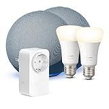 Kit de hogar inteligente: 2x Echo (4.ª generación, Azul grisáceo) + 2x Philips Hue (Bombilla Inteligente) + 1x Amazon Smart Plug (enchufe inteligente wifi)