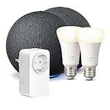 Kit de hogar inteligente: 2x Echo (4.ª generación, Antracita) + 2x Philips Hue (Bombilla Inteligente) + 1x Amazon Smart Plug (enchufe inteligente wifi)