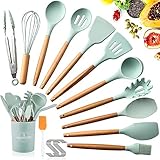 SaiXuan Utensilios Cocina de Silicona, Antiadherente con Mango de Madera para Utensilios,No Tóxicas Resistentes Al Calor Utensilios De Cocina Antiadherente 12 Piezas+12 S Ganchos