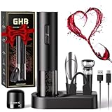 GHB Sacacorchos Eléctrico 8 en 1 Abridor de Vino Recargable Abrebotellas Electrico con Base, Cortador de Papel, Vertedor, Tapón de Vacío, Tapón de vino, Cable USB para Fiesta Citas Regalo