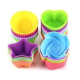 MINGZE Forros de silicona para cupcakes de 24 piezas, moldes para muffins para pastelería, antiadherentes y reutilizables, Moldes de horneado, 4 formas redondas estrellas corazón flores