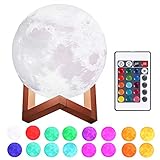 Justech Lámpara de Luna en 3D 15cm Control Remoto y Control Táctil 16 Colores 4 Modos RGB Luz Nocturna Luna LED con Soporte de Madera Carga USB para la Decoración del Dormitorio Regalo para Navidad