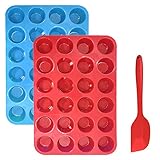 Bandeja para muffins Cupcakes de silicona Bono de molde con espátula, Sourceton Paquete de 3 moldes para muffins y espátula, molde antiadherente para hornear, horno de microondas seguro - Azul + Rojo