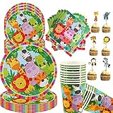 74PCS Vajilla Animales de la Jungla Cumpleaños-Jungle Animal Party Supplies Vajilla, Accesorios para Fiesta Artículos de Decoración de Celebración Temática de Animales Set, Niños Cumpleaños