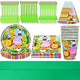 IOSCDH 77 pcs Jungle Animal Party Supplies Vajilla, Accesorios para Fiesta Artículos de Decoración de Celebración Temática de Animales Set, Incluyendo Platos, Vasos, Manteles, Niños Cumpleaños